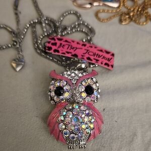 Betsey Johnson Pink and Silver Crystal Owl Pendant